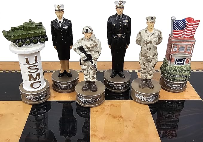 US Military Chess Set Army Navy Air Force or Marines. Choose 2 Branches of Men with 17 inch Walnut Color Storage Board (Army vs Marines)