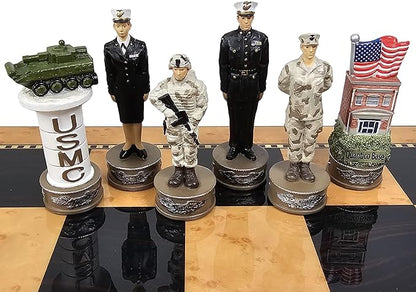 US Military Chess Set Army Navy Air Force or Marines. Choose 2 Branches of Men with 17 inch Walnut Color Storage Board (Army vs Marines)