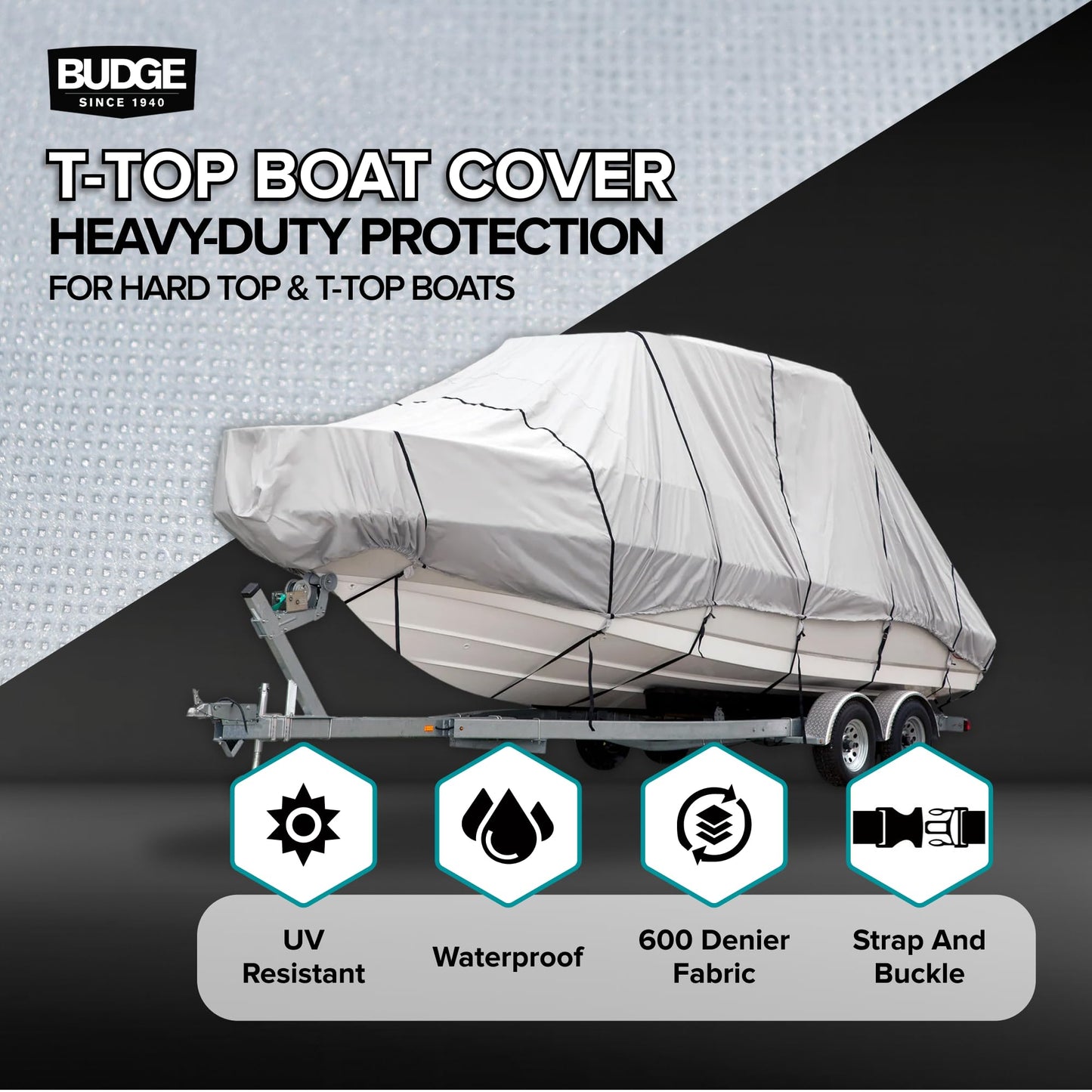 Budge Hard Top T-Top Boat Cover, Fits Boats 24-26ft with Beam up to 106", 600 Denier UV & Water Resistant Polyester, Gray