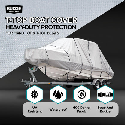 Budge Hard Top T-Top Boat Cover, Fits Boats 24-26ft with Beam up to 106", 600 Denier UV & Water Resistant Polyester, Gray