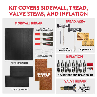 GlueTread SxS Pro Tire Repair Kit Ultimate Off-Road Tire Repair Kit Includes Sidewall Repair Patches, Colby Emergency Valve, Emergency Tire Plug Kit with 12 Plugs, T Handles and 8 CO2 Cartridges