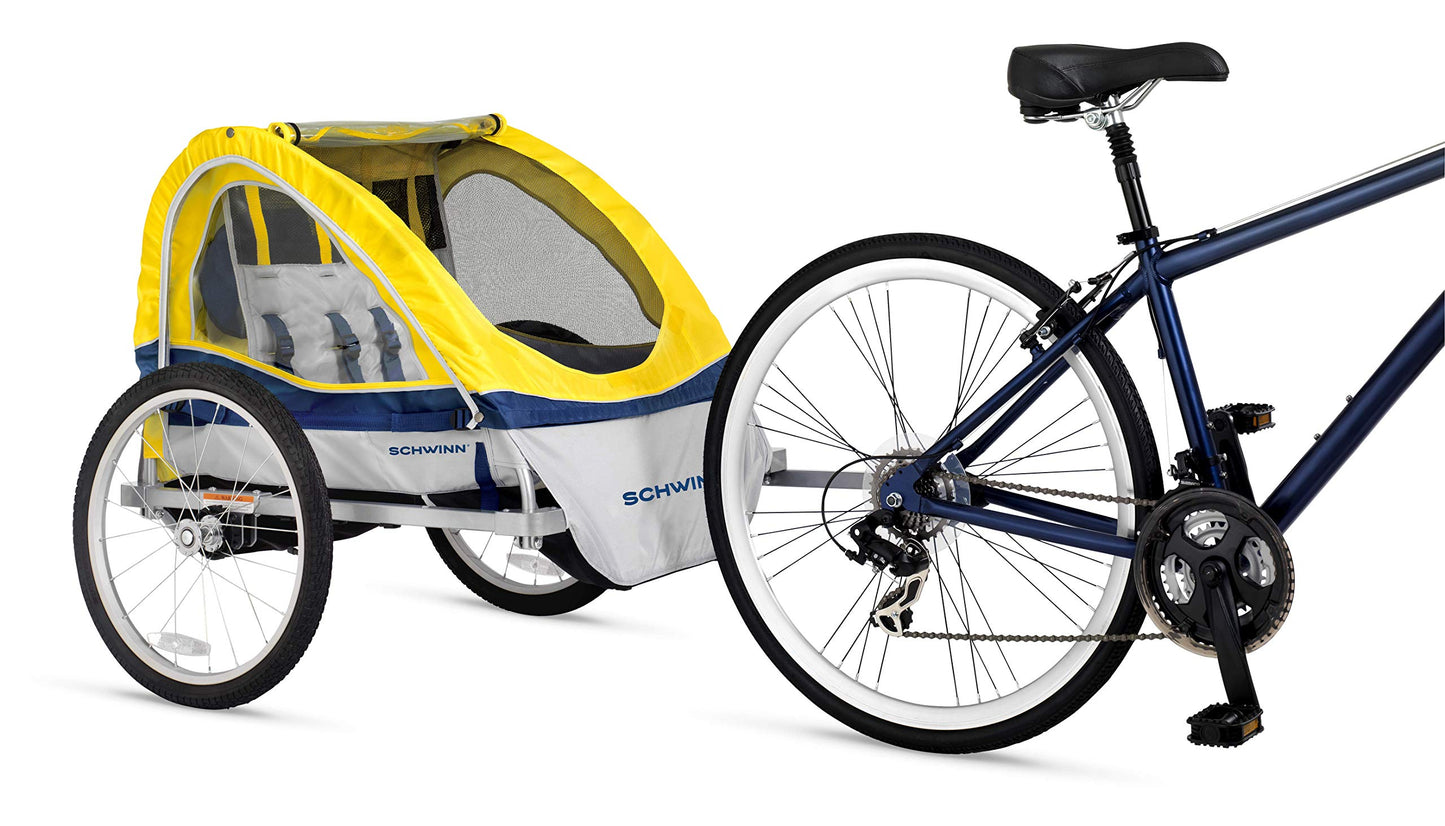 Schwinn Echo Child Bike Trailer, Max of 2 Children with Total Weight of 80 lbs., Canopy, 20-Inch Air-Filled Tires, Yellow/Grey