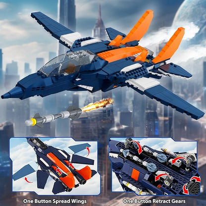 HOGOKIDS 3 in 1 Fighter Jet Plane Building Sets Military Propeller Aircraft Gunship Building Toys with Vehicle/Rocket Launcher/Speedboat Model Toys Birthday Gift for Kids Boys and Girls 10+ 738PCS