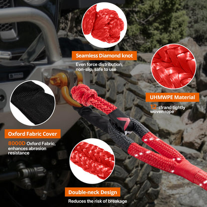 Kinetic Recovery Tow Rope - 1.26" x30FT 55000LBS Reflective Heavy Duty Snatch Strap Kit with Soft Shackles for Offroad Pulling Truck SUV UTV ATV Car Jeep - Red