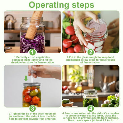 4-Pack Fermentation Kit for Wide Mouth Mason Jar, Included 4 Glass Fermenting Weights, 4 fermentation Lids, 4 Airlocks, 5 Silicone Rings, 5 Silicone Grommet, Pen Stickers Rope (Jars not Included)
