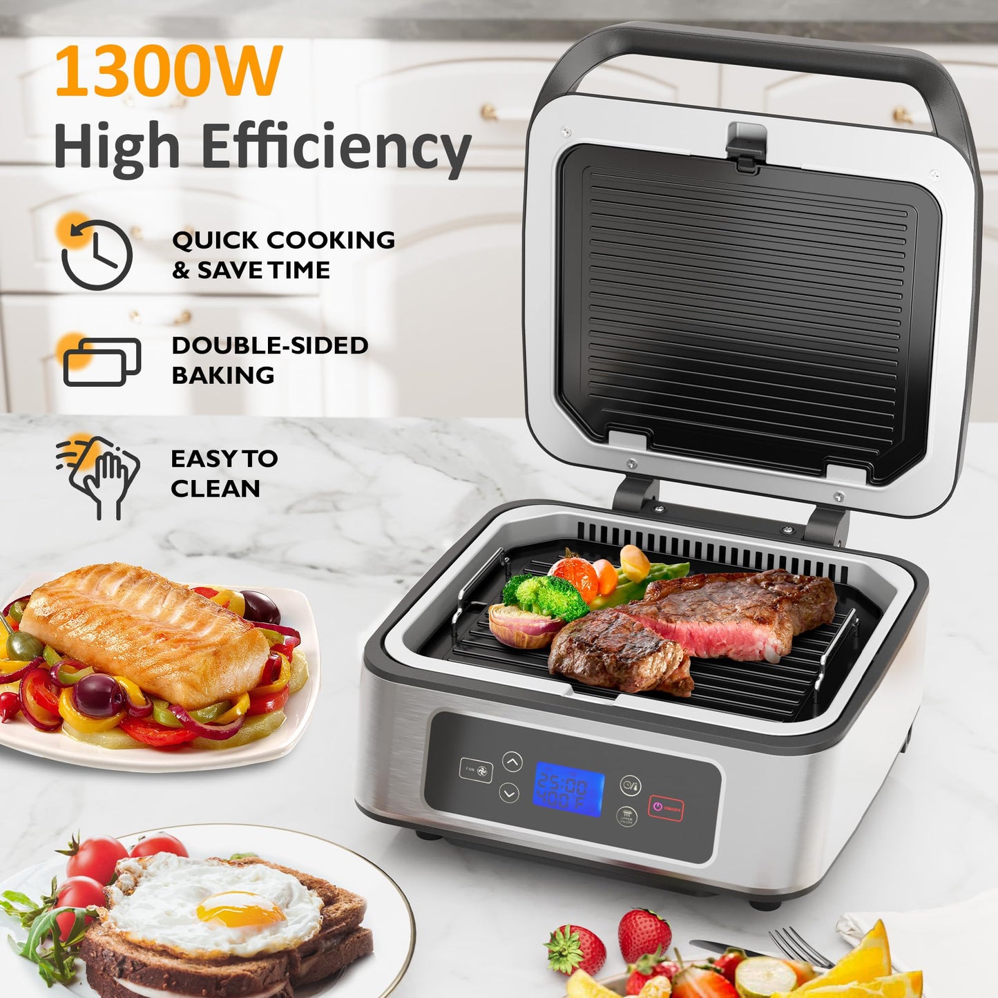 SUNVIVIPRO Electric Panini Press Sandwich Maker, 1300W Smokeless Indoor Grill with Removable Non-Stick Plates, Auto-Lift, Fan, Independent Upper Heating, Smart Time & Temperature Control, Silver