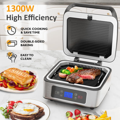 SUNVIVIPRO Electric Panini Press Sandwich Maker, 1300W Smokeless Indoor Grill with Removable Non-Stick Plates, Auto-Lift, Fan, Independent Upper Heating, Smart Time & Temperature Control, Silver