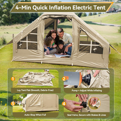 4-6 Person Inflatable Tents for Camping, Easy Blow Up Tent with Electric Pump, 4 Seasons Waterproof Air Inflatable Camping Tent House for Family Camping，Beige