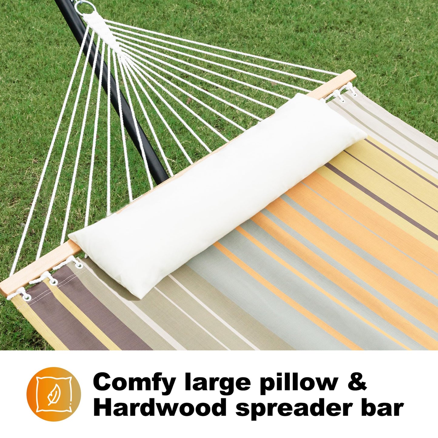 Gafete Waterproof Double Hammock with Stand for Outside Heavy Duty, 2 Person 55'' Large Quick Dry Textilene Hammocks with Hardwood Spreader Bar, Pillow, Pockets, for Outdoor, 475lbs Capacity (Coffee)