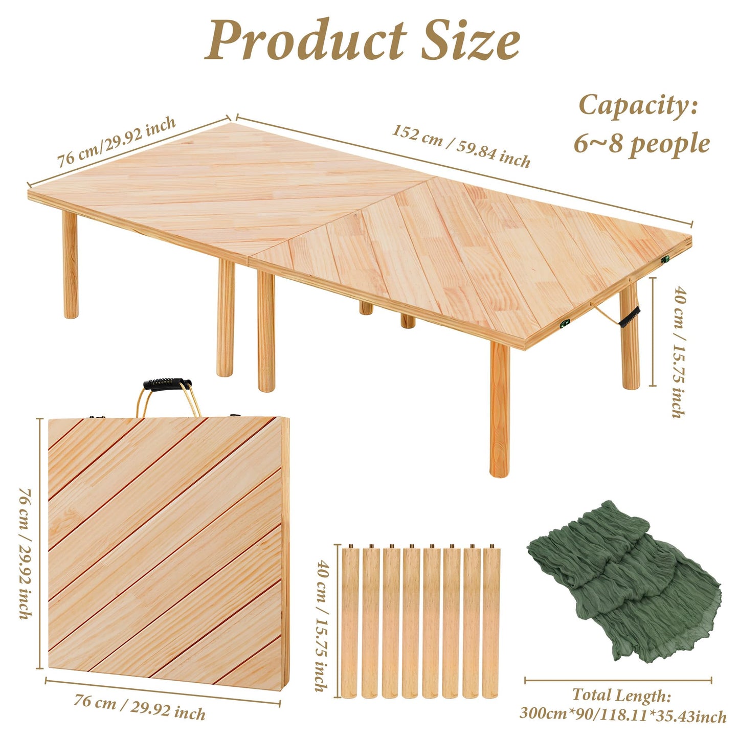 LITURTOO Low Picnic Table Portable, 60" X 30" Boho Picnic Table with Table Runner for Indoor,Outdoor,Camping, Wedding, Beach, Garden, Party(Large Size for 6-8)
