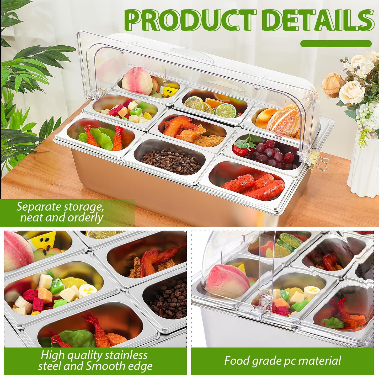 Ziliny Countertop Food Serving Display Container and Clear Roll Top Cover Stainless Steel Food Serving Tray Buffet Condiment Dispenser Display Rack for Restaurant Hotel Kitchen Party (9 Pan)