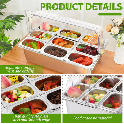 Ziliny Countertop Food Serving Display Container and Clear Roll Top Cover Stainless Steel Food Serving Tray Buffet Condiment Dispenser Display Rack for Restaurant Hotel Kitchen Party (9 Pan)