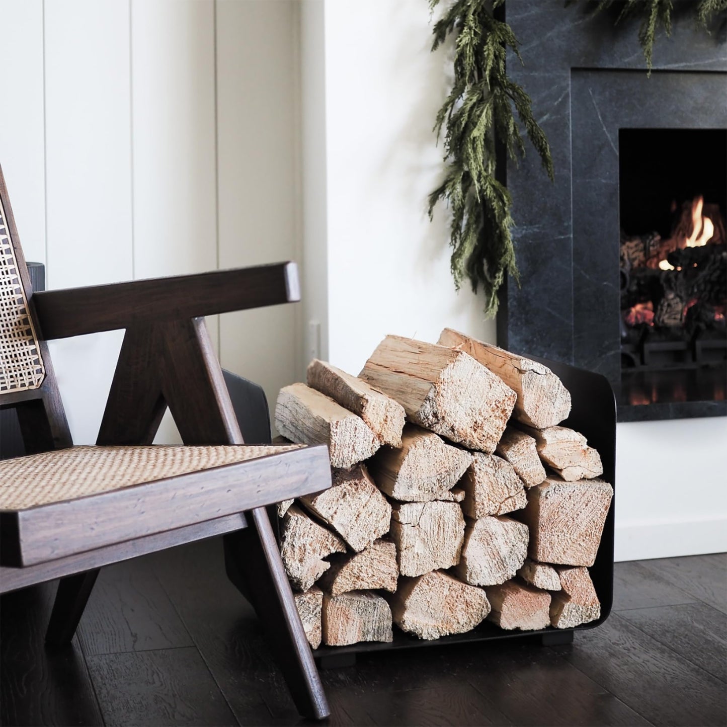 RTS Home Accents Minimalist Firewood Log Holder, Indoor or Outdoor, Black