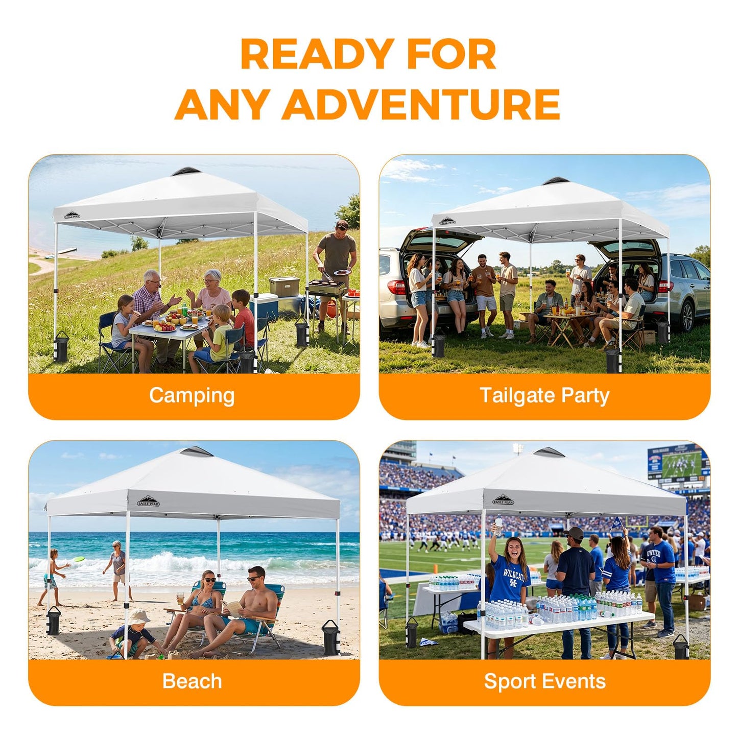 EAGLE PEAK Pop Up Canopy Tent with Wheeled Carry Bag, 8 Stakes, 4 Ropes, 4 Weight Bags, Easy Set Up Tent Canopy, 10x10 ft, 100sqft of Shade, White