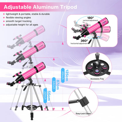 Telescope for Adults High Powered, 80mm Aperture 600mm Telescopes for Astronomy Adults&Kids&Beginners, Portable Travel Refractor Telescope with Tripod&Phone Adapter&Bag for Ground&Moon Viewing, Pink