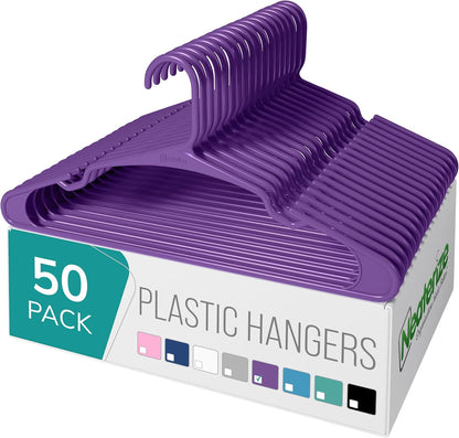 Neaterize Plastic Clothes Hangers - 50 Pack Space-Saving Adult Coat Hangers | Purple Color