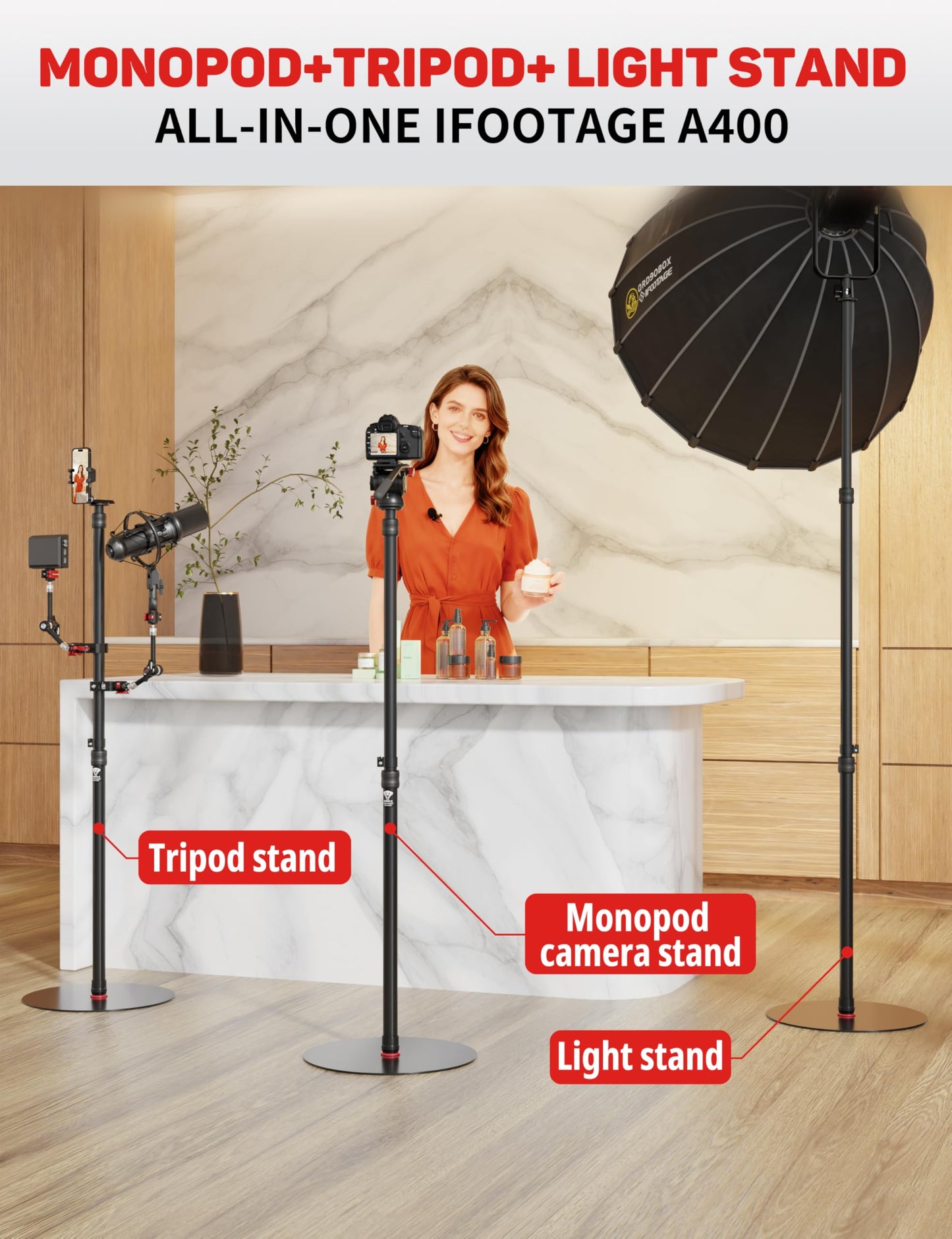 IFOOTAGE A400 Round Base Monopod(3 Pack) - 79'' Light Stand Photography, Aluminum Camera Floor Stand for DSLR Camera, Light, Webcam, Live Streaming, Vlogging, Payload 10KG/22LBS