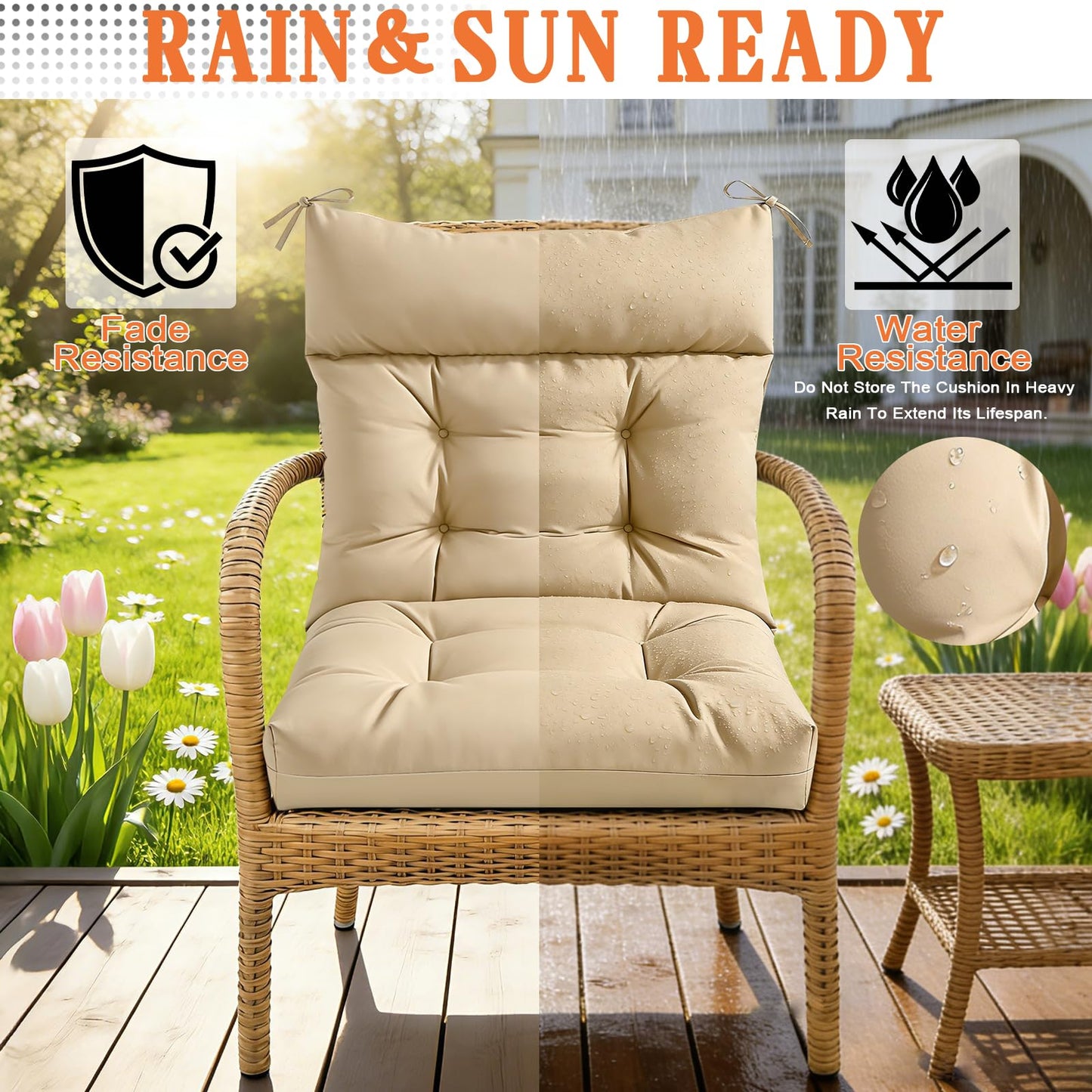 Gleom 4 Pcs Outdoor Patio Chair Cushions, Thick Seat Pads for Garden Furniture, Waterproof Non Slip Chair Cushions with Ties, Replacement Cushion Set for Porch, Yard, Balcony-Brown