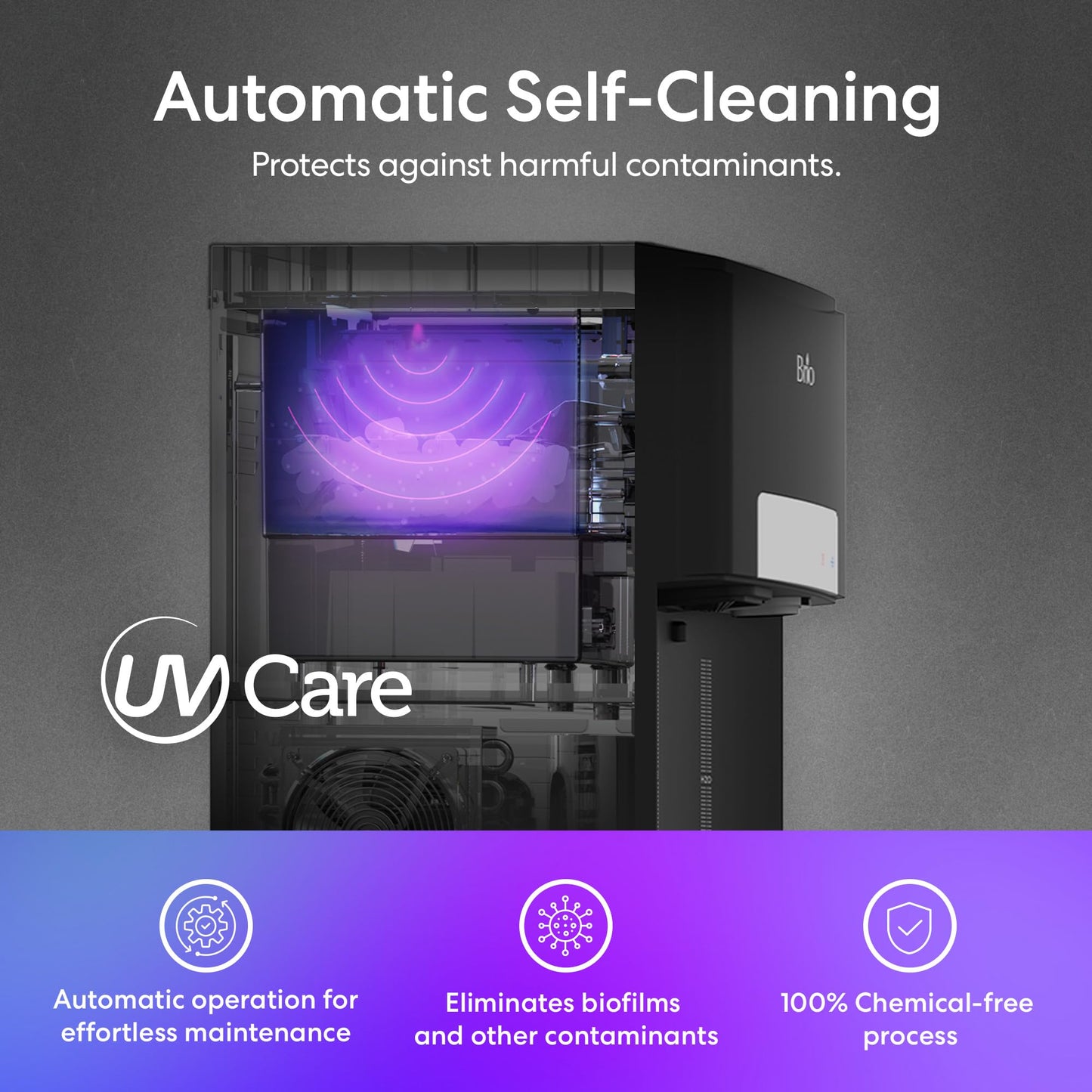 Brio ICE 420 Water Cooler Dispenser for 5 Gallon Bottle with Ice Maker, Bottom Load | UV Self Cleaning Technology, Night Light, Child Safety Lock & 2X Fast Dispense | NSF Certified - Black & Stainless