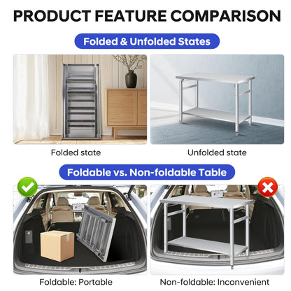 GlowSol Foldable Stainless Steel Table, 48 Inch Folding Commercial Prep Table with Undershelf, 24" Wide Double Tier Portable Workstation, 920LBS for Kitchen Workshop Restaurant Garage