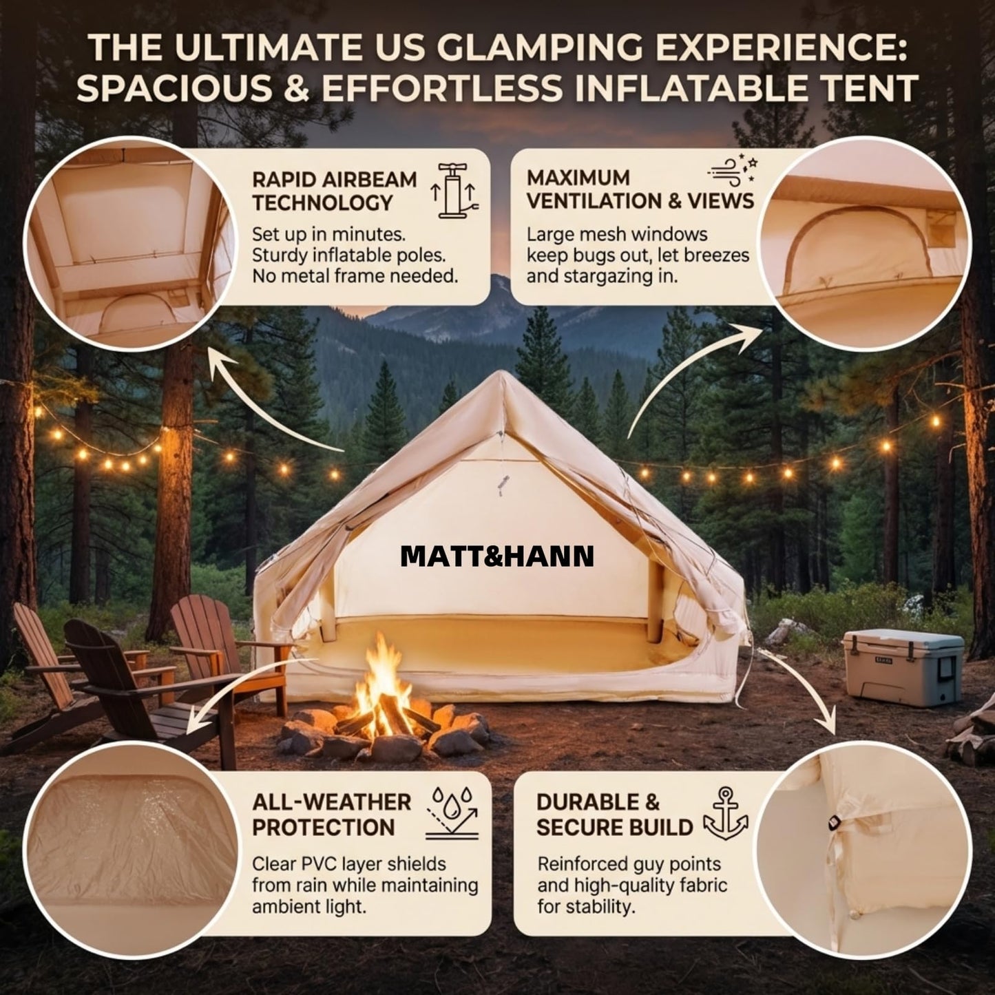Glamping Air Tent for 4-6 Person, Quick Inflation, Large Skylight, Mosquito-Proof Ventilation Privacy Curtains on Both Sides, Ideal for Family Camping Gathering Camping Holiday Camping Outdoor Camping