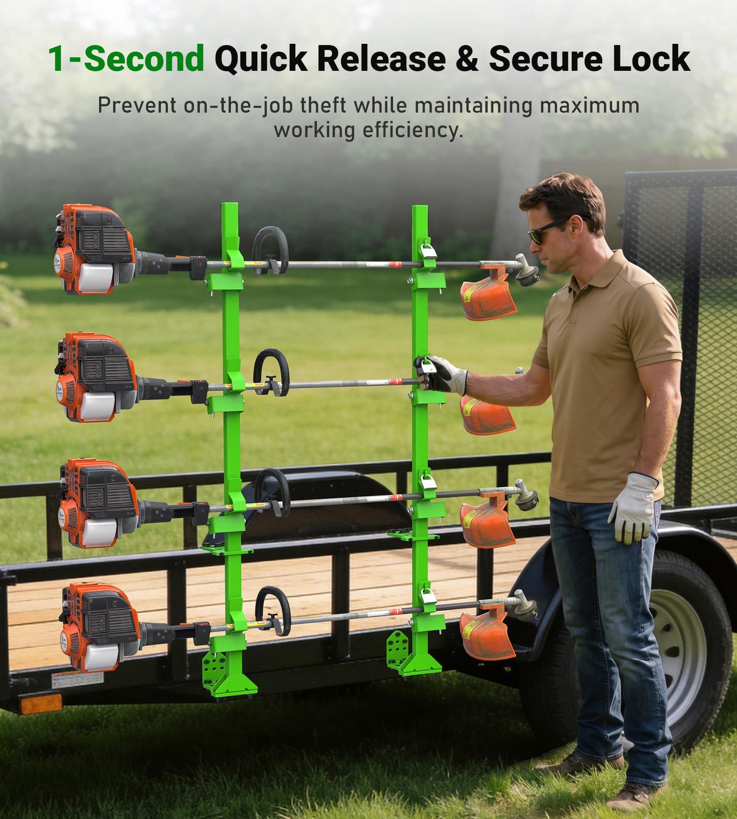 ELITEWILL Weed Eater Rack for Open/Enclosed Trailers, 4 Place Commercial Trimmer Racks Heavy-Duty Weedeater Rack for Trailer Work Landscape Truck Holder Lawn Equipment Accessories w/Lock