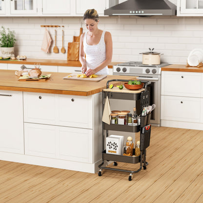 DTK 3 Tier Metal Utility Rolling Cart with Table Top and Side Bags, Tray Storage Organizer Wheels, Art Craft 4 Hooks for Kitchen Bathroom Office Living Room (Black)