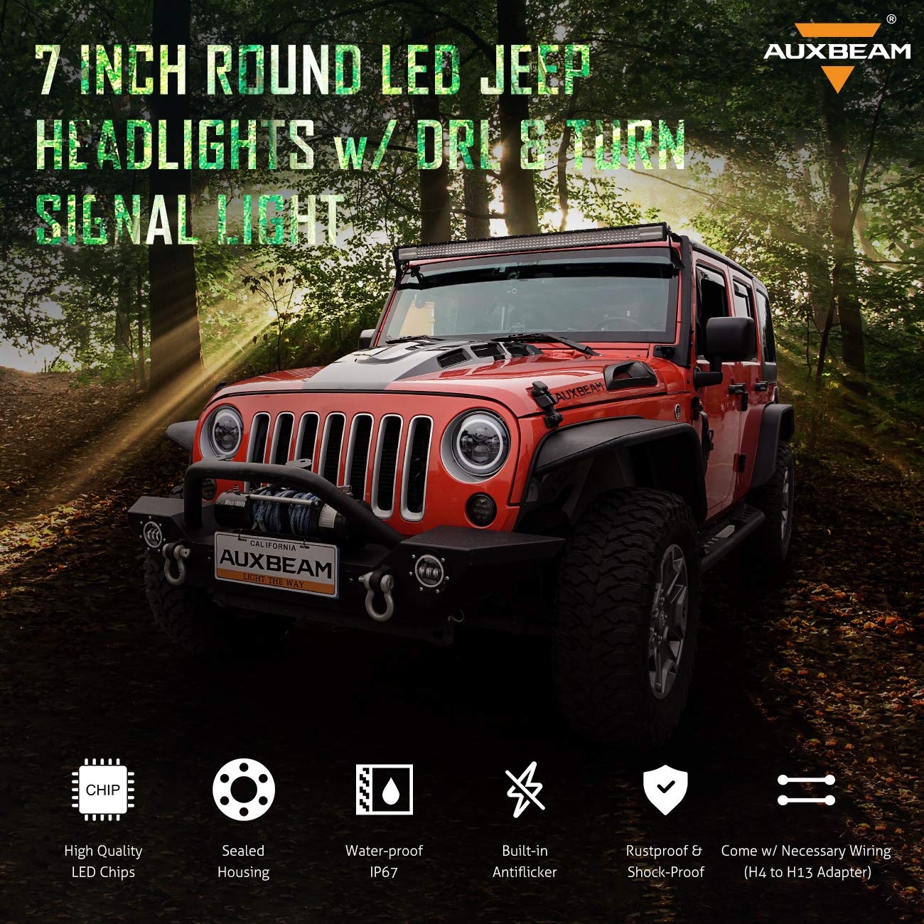 Auxbeam 7 Inch LED Headlights DOT Approved for 1997-2018 Jeep Wrangler JK JKU Unlimited TJ LJ CJ, 7" Round Headlamps for Rubicon Sport Sahara Peterbilt, H6024 Headlights w/DRL & Amber Turn Signal