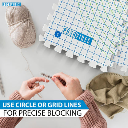 POSHVIBES 9 Extra Thick Blocking Mats for Knitting & Crochet Projects - Pack of 9 with 200 T-Pins, Reusable Storage Bag, 12.6x12.6x0.7 Inches - Gift for Knitting Lovers