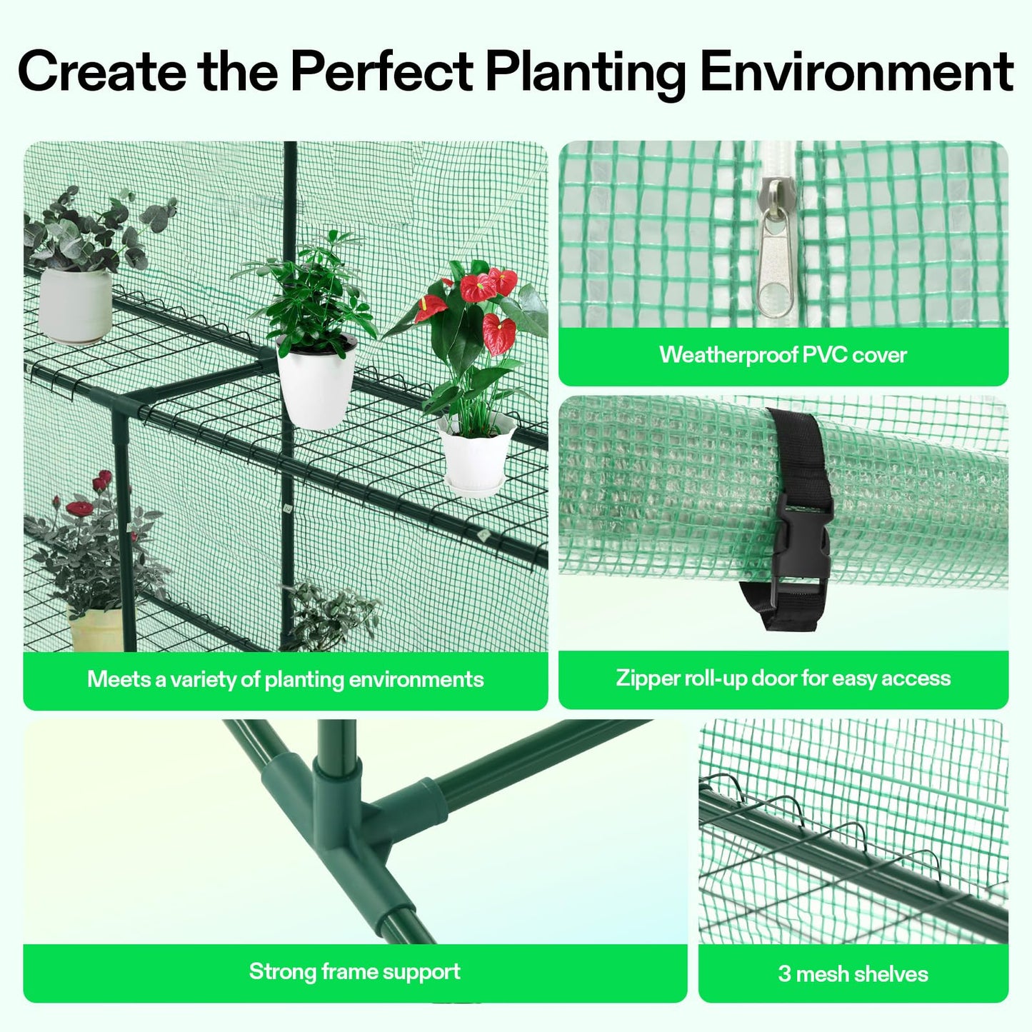 VIVOSUN 57x57x77 Inch Mini Walk in Green House with Window and Anchor, Plant Garden Hot House 2 Tiers 8 Shelves, 4.7 x 4.7 x 6.4 FT