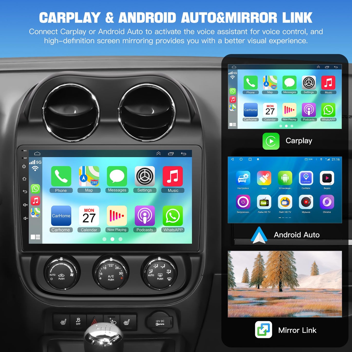 [4+64G] Android 13 Car Stereo for Jeep Compass Patriot 2010-2016 Support Wireless Carplay&Android Auto, 10.1 inch IPS Touchscreen Patriot Radio with GPS, WiFi, Bluetooth FM Radio