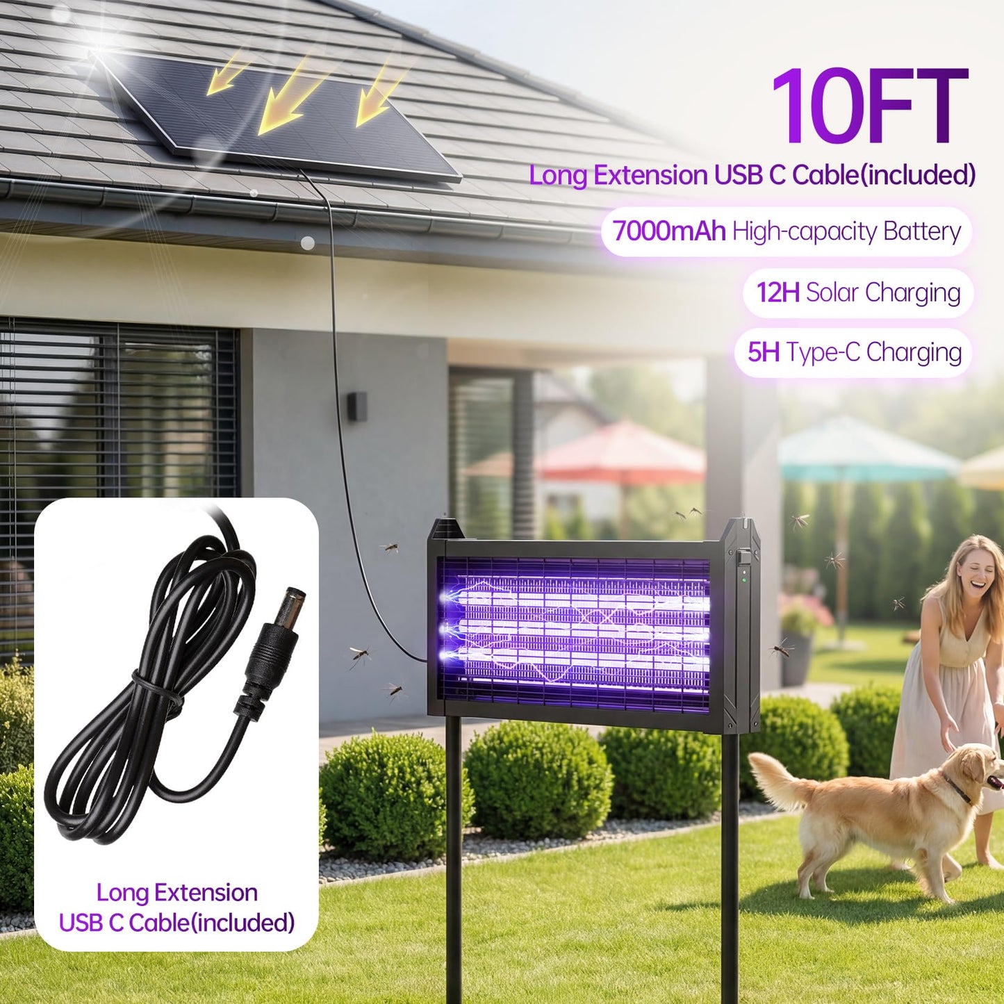 Solar Powered Mosquito Zapper, 4500V Outdoor Bug Zapper with 15W Solar Panel, Waterproof Cordless Electric Fly Zapper – Rechargeable Mosquito Killer Lamp for Backyard, Patio