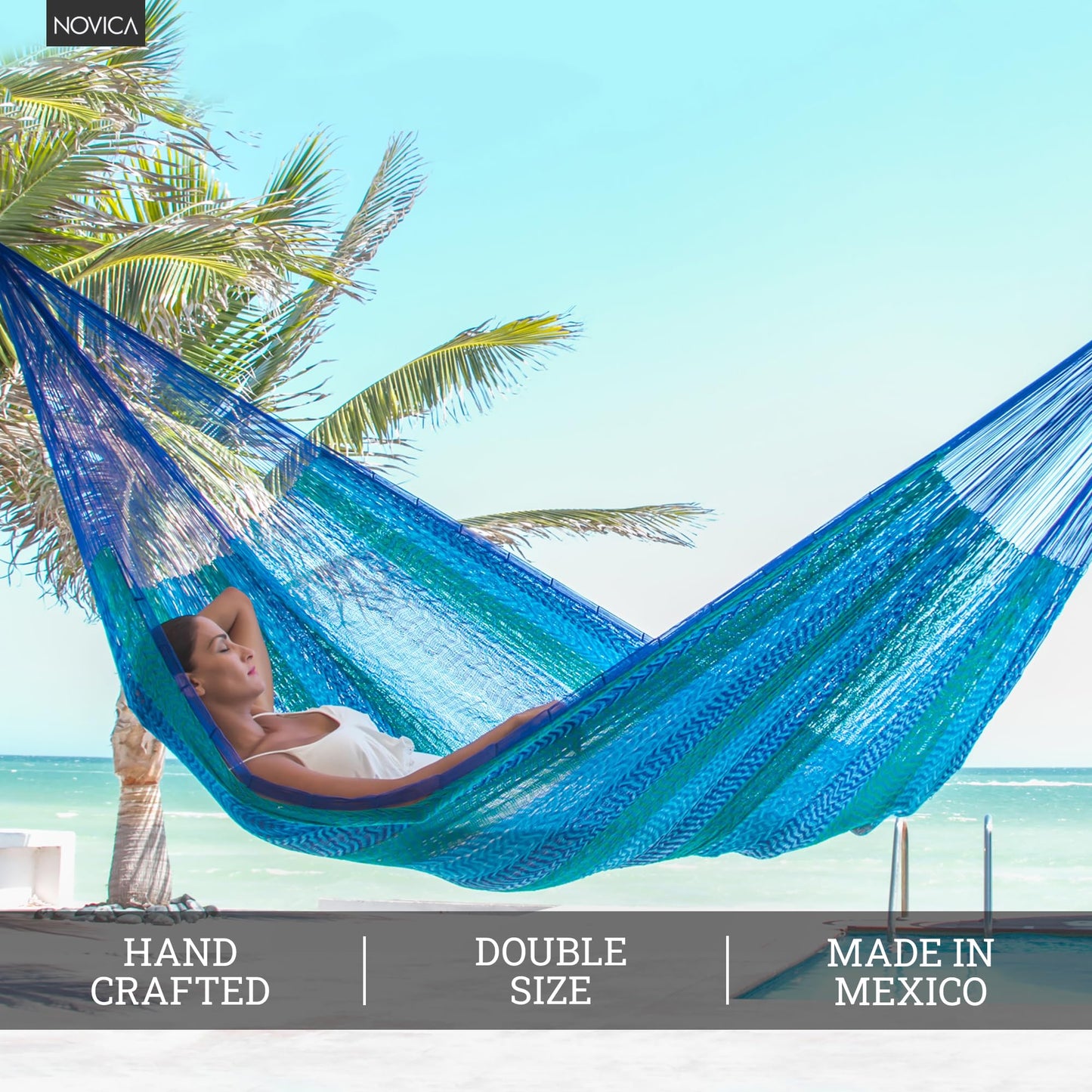 NOVICA Artisan Cool Lagoon Striped Mayan Hammock, Handmade Blue and Green Nylon Rope Double Hammock from Mexico, Bed 78" L x 78" W, Total 158" L