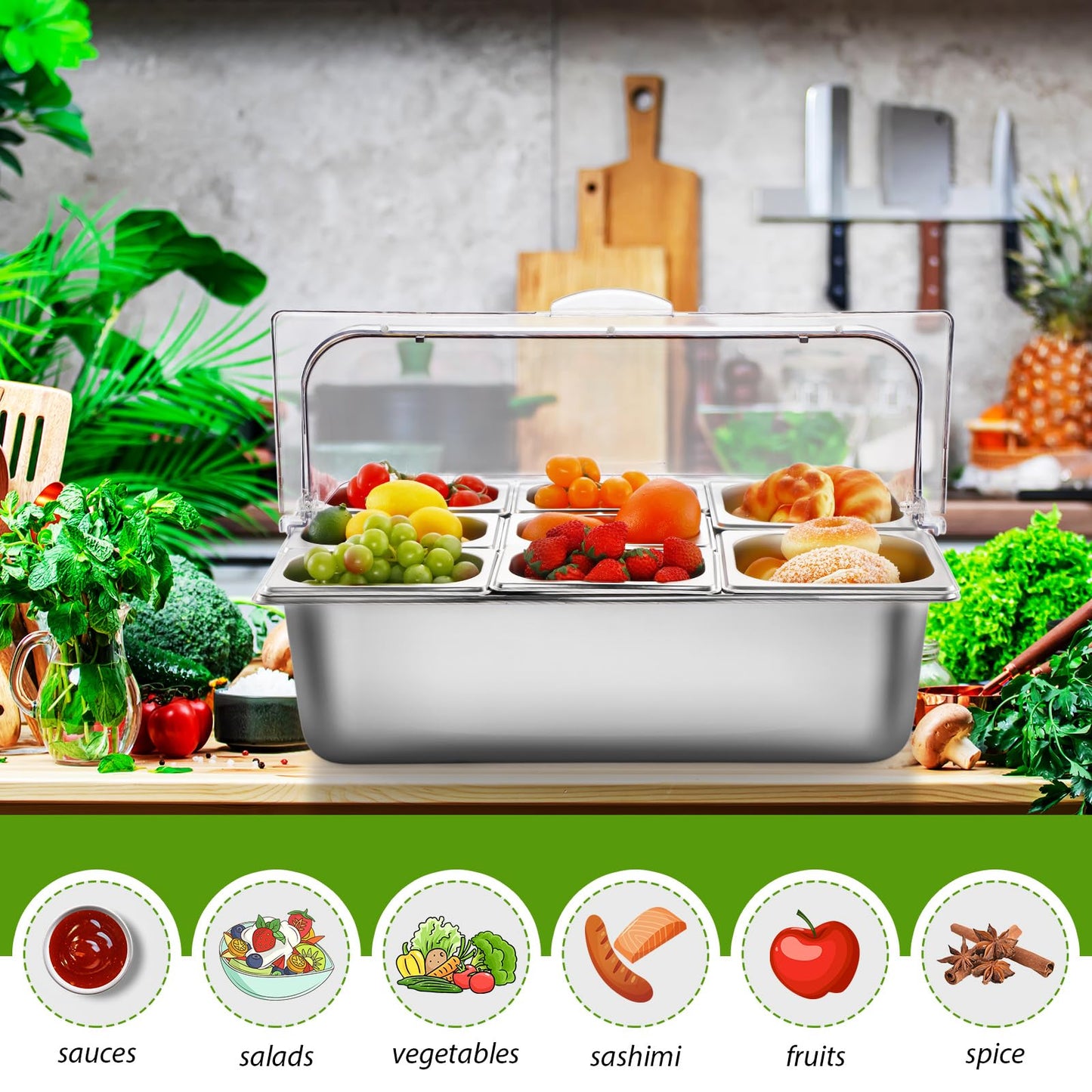 Ziliny Countertop Food Serving Display Container and Clear Roll Top Cover Stainless Steel Food Serving Tray Buffet Condiment Dispenser Display Rack for Restaurant Hotel Kitchen Party (8 Pan)