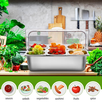 Ziliny Countertop Food Serving Display Container and Clear Roll Top Cover Stainless Steel Food Serving Tray Buffet Condiment Dispenser Display Rack for Restaurant Hotel Kitchen Party (8 Pan)