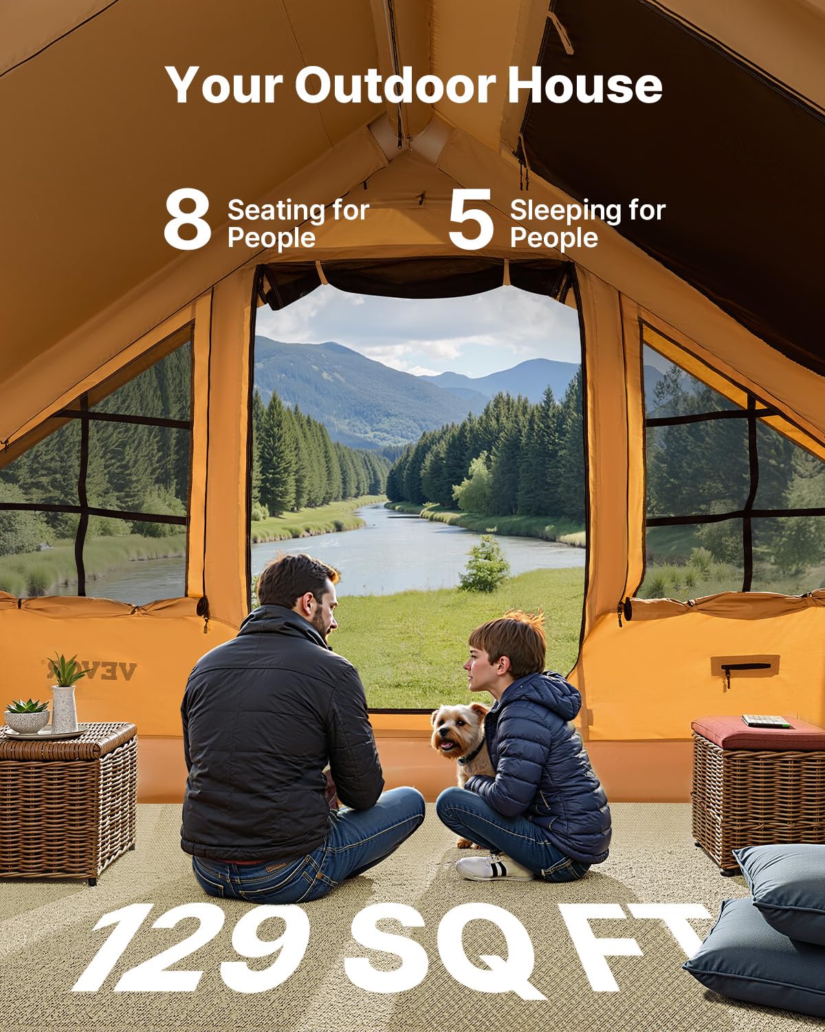 VEVOR Inflatable Tents for Camping, 5-8 Person Easy Setup Blow up Tent with Hand Pump, Luxury Glamping Tent with 2 Skylights, Canopy, Stove Jack 2 Doors & Mesh Windows (Storage Bag Included)