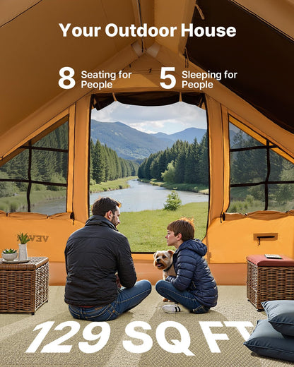 VEVOR Inflatable Tents for Camping, 5-8 Person Easy Setup Blow up Tent with Hand Pump, Luxury Glamping Tent with 2 Skylights, Canopy, Stove Jack 2 Doors & Mesh Windows (Storage Bag Included)