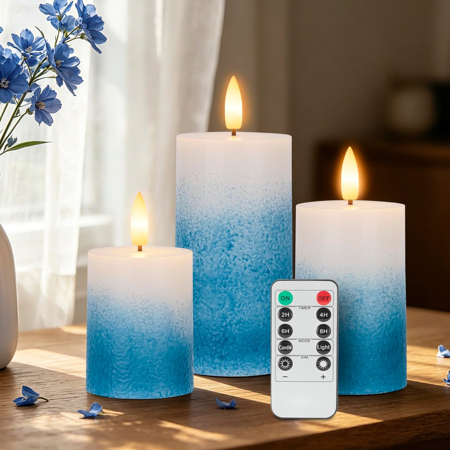 AFINETH Blue Gradient Flameless Pillar Candles, Real Wax LED Candles with Remote & Timer, Battery Operated Decorative Candles for Coastal Home Decor, Set of 3