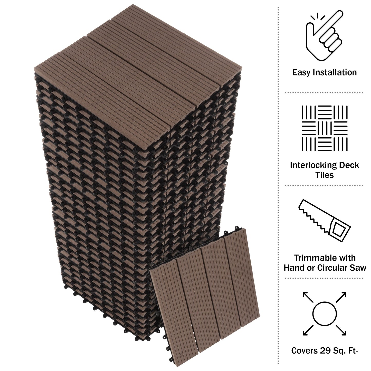 Interlocking Deck Tiles - 30-Pack 11.6-in Wood Plastic Composite All-Weather Outdoor Flooring Balcony Poolside or Patio by Pure Garden (Mocha Brown)