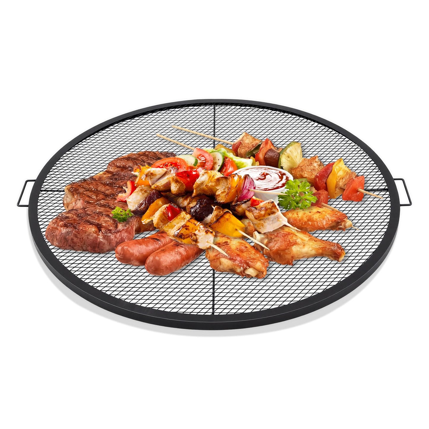 Ferrochef 40 Inch Fire Pit Grill Grate Fire Pit Cooking Grate Heavy Duty Steel Campfire BBQ Grill Grid with Handles for Outdoor Camping Cooking (Infoldable Round)