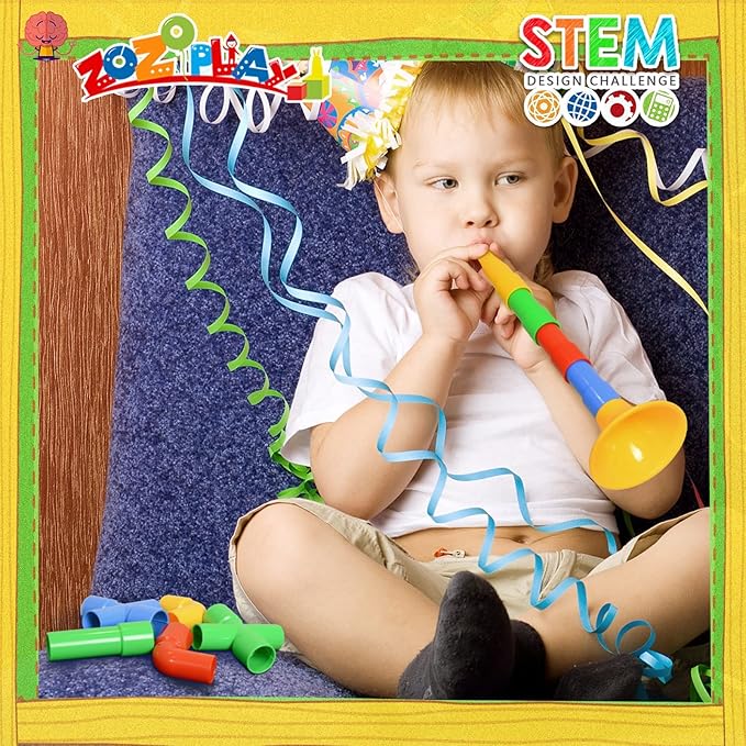 ZOZOPLAY STEM Toys Tube Locks 72 Piece Tubular Pipes &amp Spouts &amp Joints &amp Whistles &amp Trumpet Toy Learning Educational Building Block Set with Whistles Gift for Boys Girls