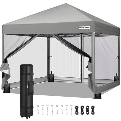 VIVOHOME 10x10ft Easy Pop-Up Canopy, Outdoor Screen Tent with Mosquito Netting, 2 Zipper Doors, and Roller Bag for Yard Camping Picnic Party Events, Grey