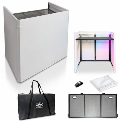 AxcessAbles Portable White DJ Facade Booth with Carry Case – 40" x 20" Tabletop, Steel Frame, and White Scrim | White DJ Table | Event Booth (ES-01X)
