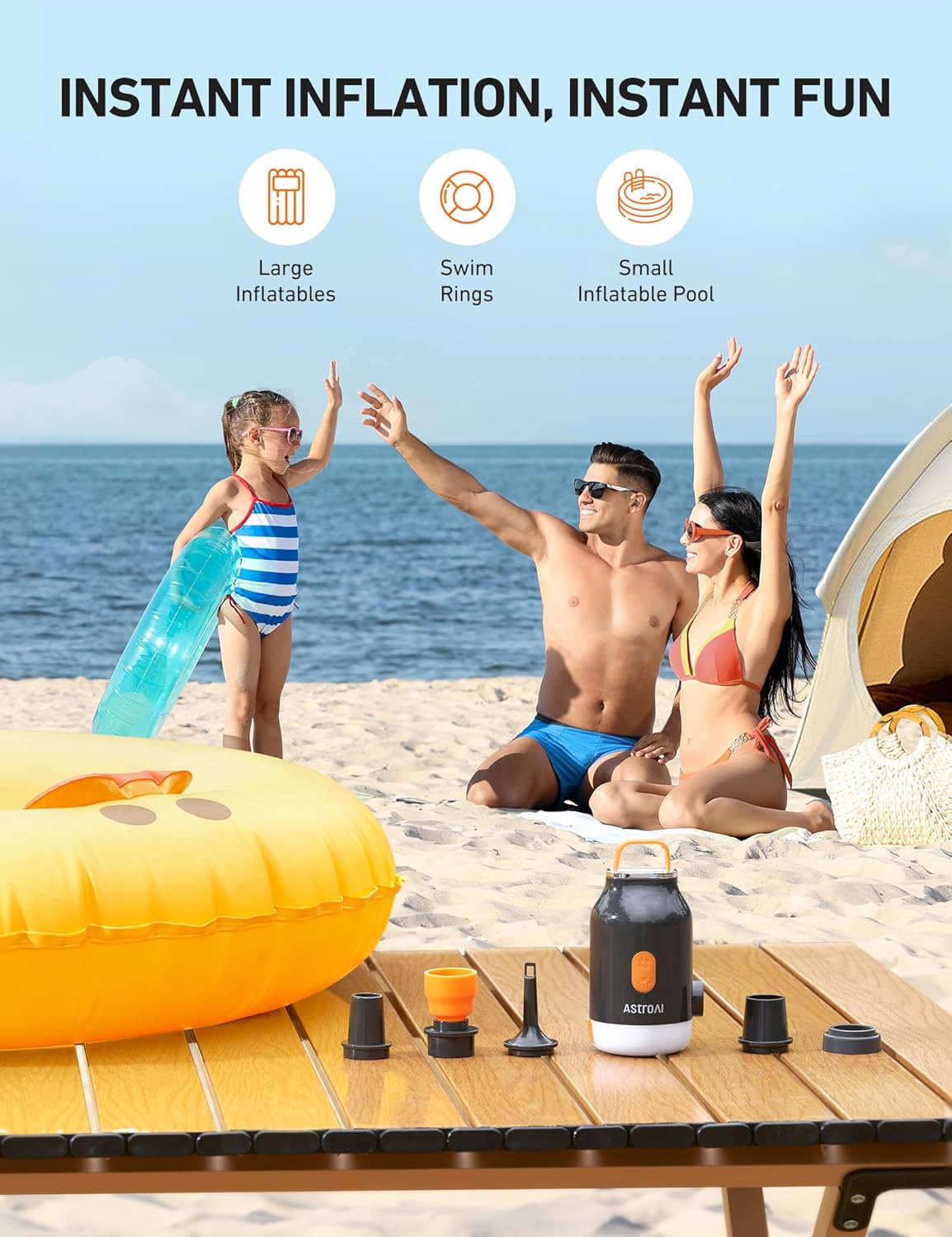 AstroAI Mini Air Pump - 3000mAh Battery Inflatable Mattress Pump with Camping Lantern & 5 Nozzles