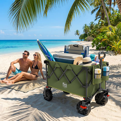 TIMBER RIDGE Outdoor Collapsible Folding Wagon with Brakes and Cup Holders, 500lbs Heavy Duty All Terrain Wheels Utility Cart for Shopping Camping Garden Sports, Green