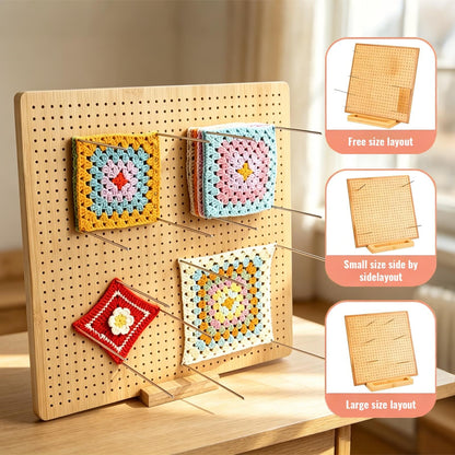 9x9 Inch Crochet Blocking Board, Bamboo Granny Square Blocking Mat with 12 Stainless Steel Pegs, Wooden Base and 5 Yarn Needles, Gifts for Crocheters