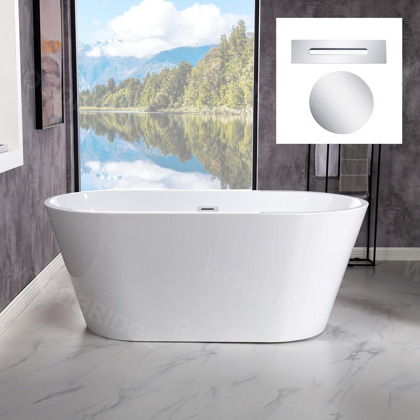 WOODBRIDGE 54"Freestanding White Acylic Soaking Bathtub with Chrome Drain and Overflow,BTA1702-C-Drain&O