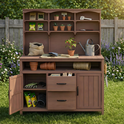 GDFStudio Junley Outdoor Storage Bench Table with Cabinet, Patio Wooden Potting Bench Plant Bench, Large Garden Storage Work Bench with Drawers, Cabinets, Hooks and Countertop, Kitchen Island, Brown
