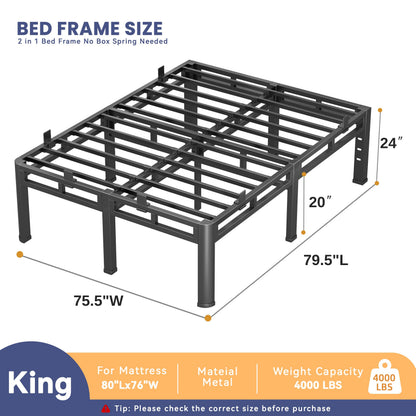 Anyroom Bed Frame King Size 24 Inch Tall, Double Layer Heavy Duty Metal Bed Frames 4000 lbs Capacity, Platform Bedframes with Headboard Holes, Round Corner Legs, Mattress Slide Stopper, Easy Assembly