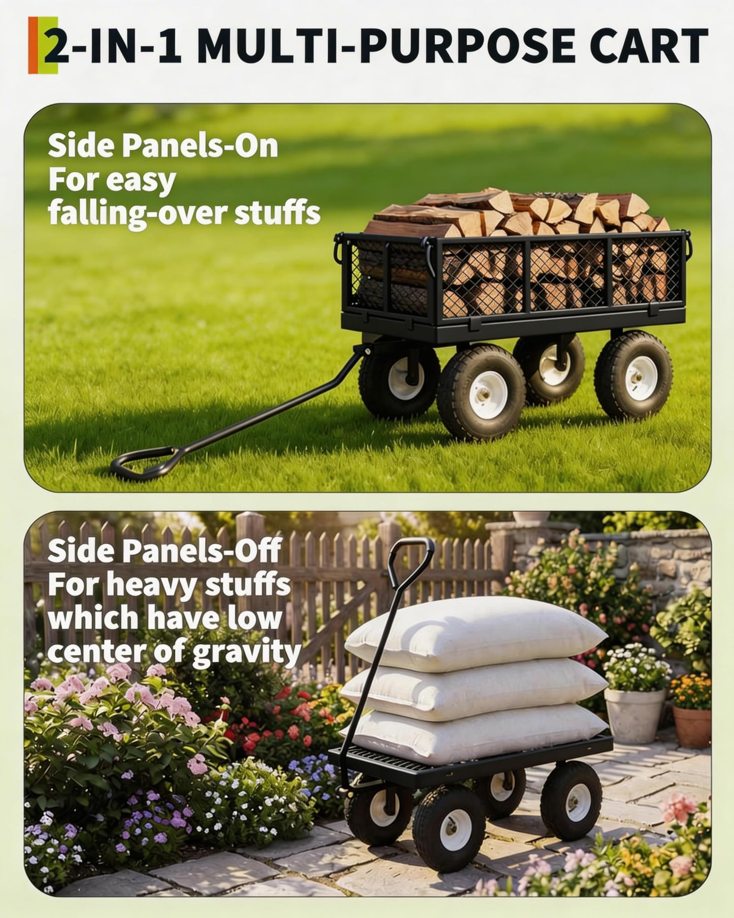 GarveeTech 1000LBS Heavy Duty Steel Garden Cart, Garden Wagon Cart on Wheels, Metal Yard Utility Wagon with Removable Mesh Sides, 13" All Terrain Tires, 180° Rotating Handle for Lawn, Garden, Farm